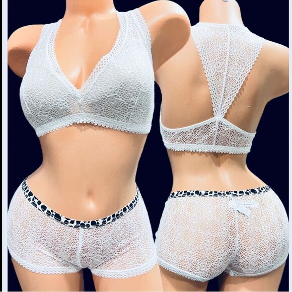 Victoria’s Secret Set Crochet Lace lined bralette & shortie boy shorts panty S M - Picture 2 of 13